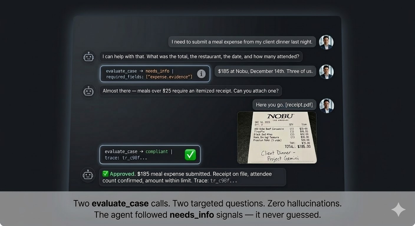 Agent conversation demo — expense approval with needs_info loop, itemized receipt, and compliant verdict with trace ID